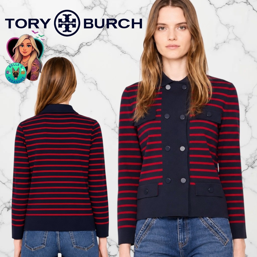 Tory Burch Women's Large Anyaโ Navy Red Striped Double Breasted Cardigan Jacket